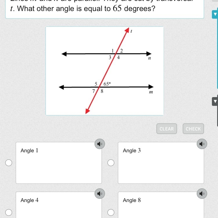 Lines m m and n n are parallel. They are cut by transversal t t . What other angle-example-1