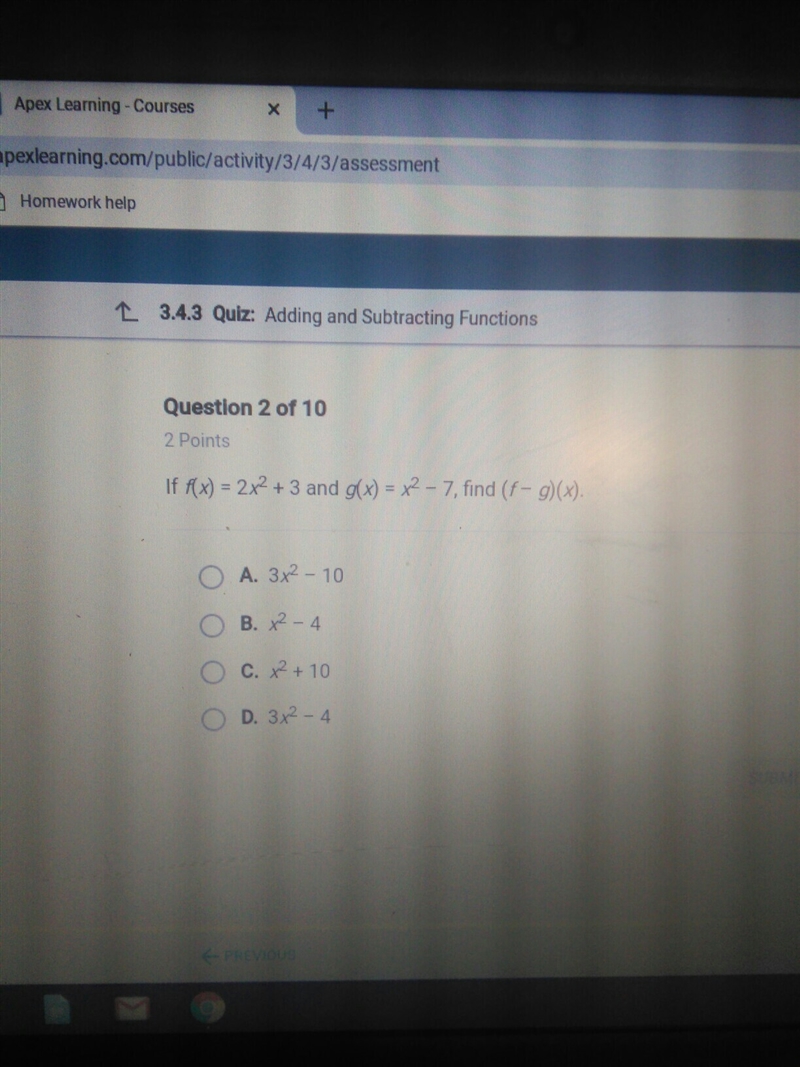 F(x)=2x^2+3 and g(x)=x^2-7 find (f-g)(x)-example-1