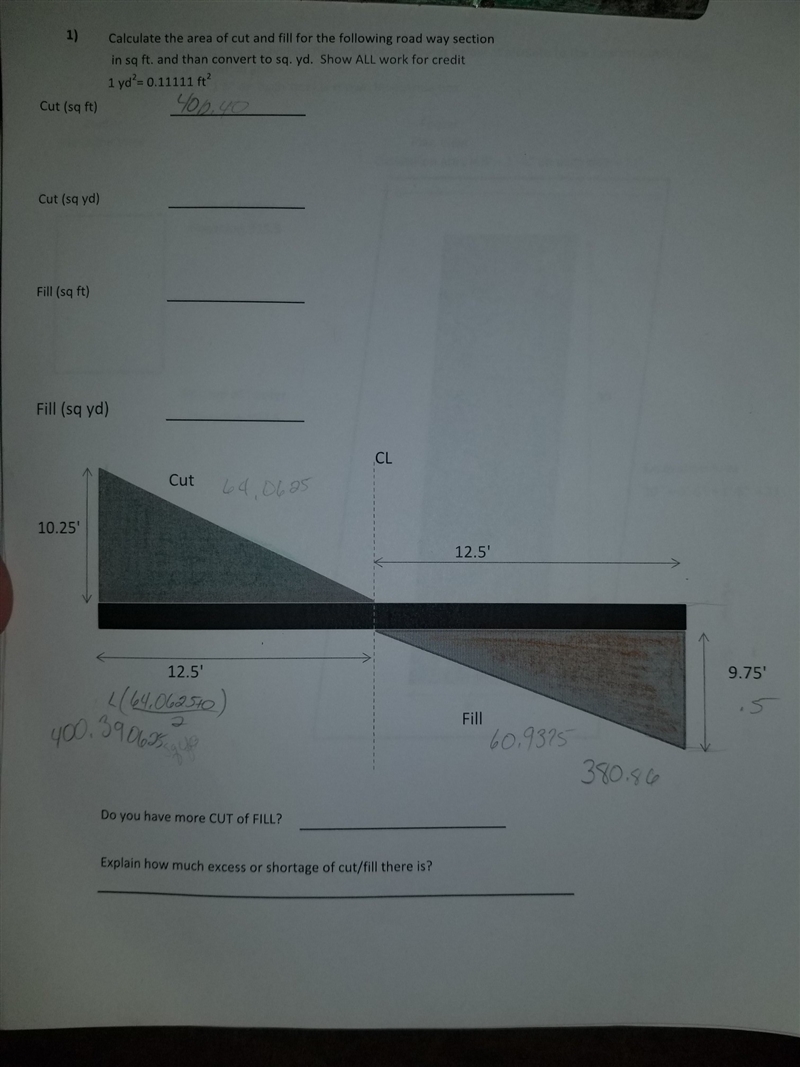 calculate the area of cut and fill for the following road way section in sq ft and-example-1