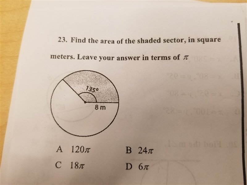 find the area of the shaded sector, in square meters. leave your answer in terms of-example-1