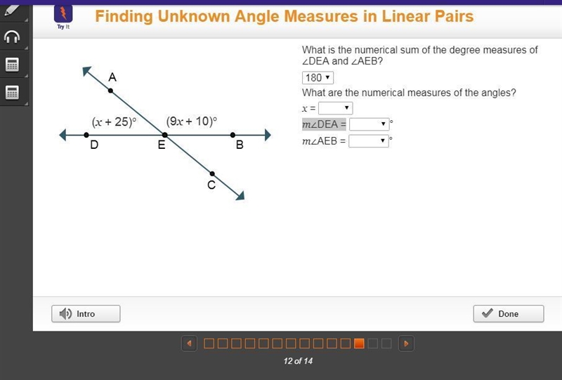 What are the numerical measures of the angles? x = m∠DEA = ° m∠AEB = °-example-1