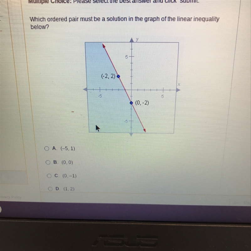 Which ordered pair must be a solution in the graph of the leaner inequality below-example-1