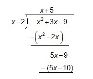 The work shows how to use long division to find (x2 + 3x –9) ÷ (x – 2). What will-example-1