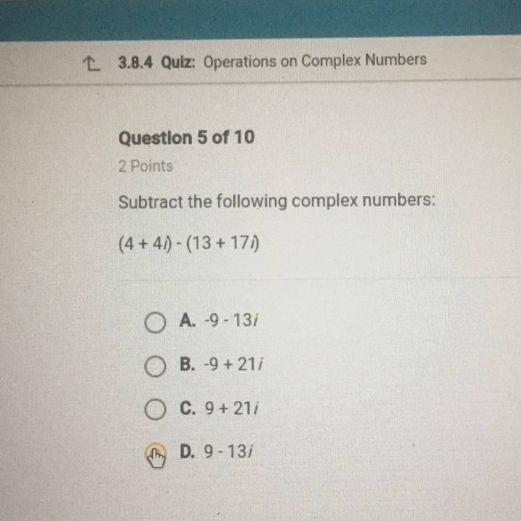 Subtract the following complex numbers: (4+4i)-(13+17i) ??-example-1