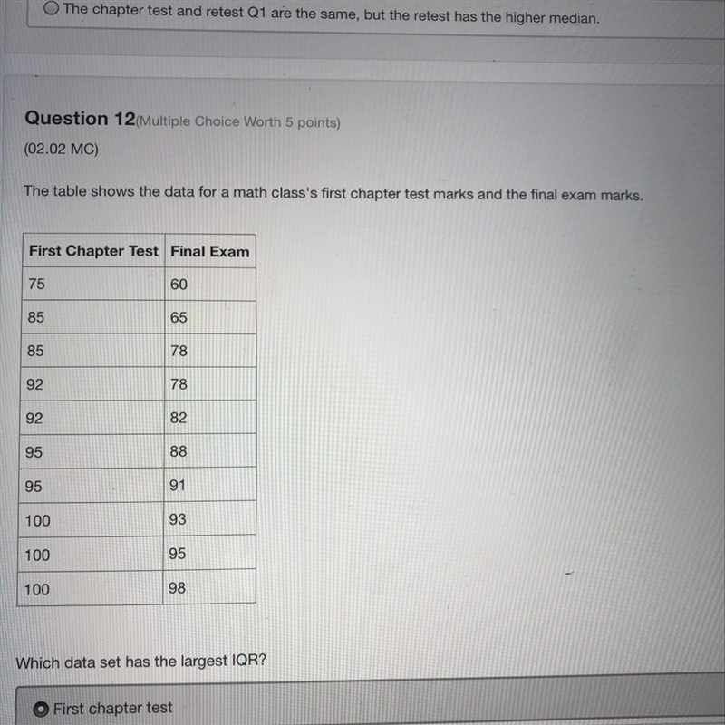 Answers A) first chapter test B) final exam C) they have the same IQR D) there is-example-1