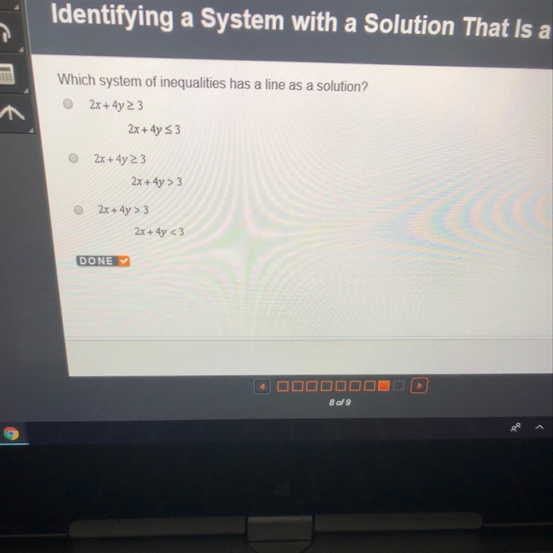 Which system of any qualities has a line as a solution?-example-1