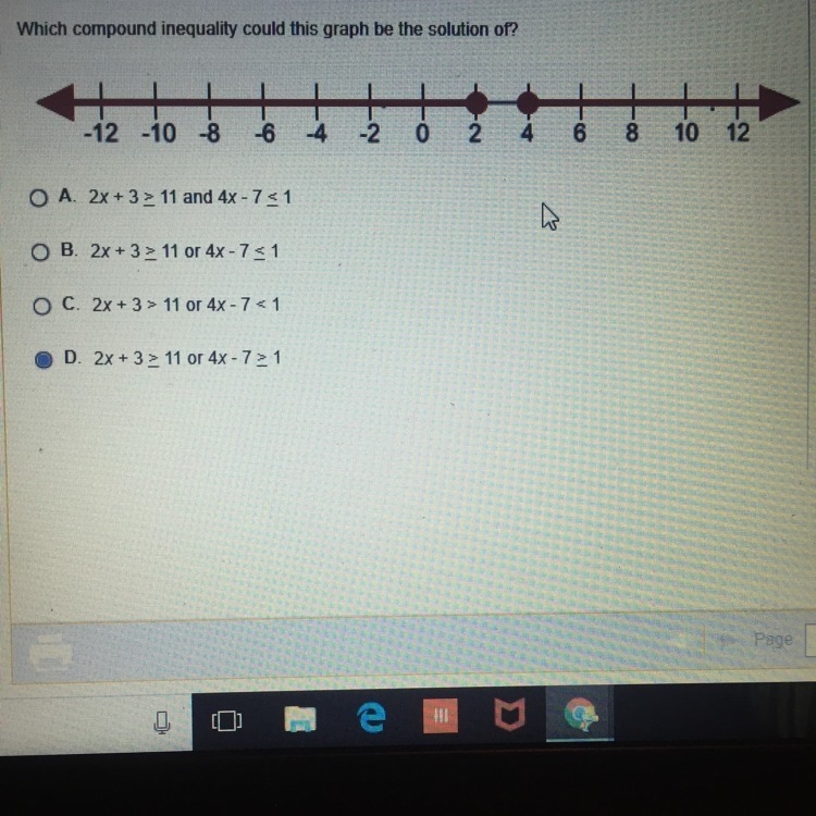 Which compound inequality could this graph be the solution of?-example-1