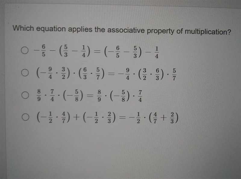 Which equation applies the associative property of multiplication? Help!!!!-example-1