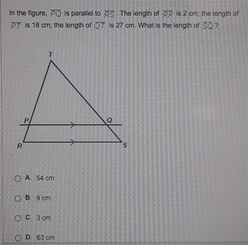 In the figure, PQ is parallel to RS. The length of RP is 2 cm; the length of PT is-example-1