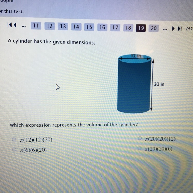 Easy math show work multiple choice please help me Find the volume of a cylinder-example-1