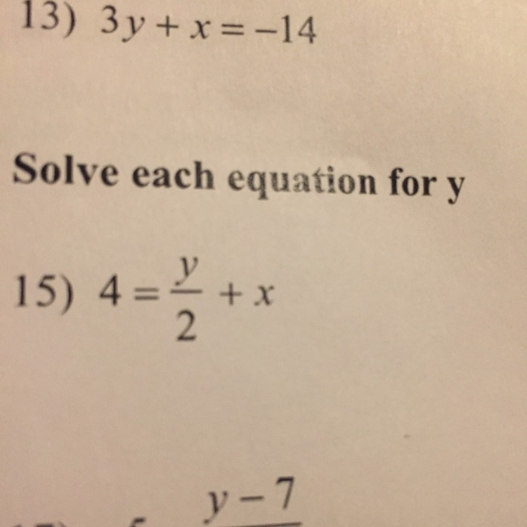 Solve each equation for y. 3y + x = -14-example-1