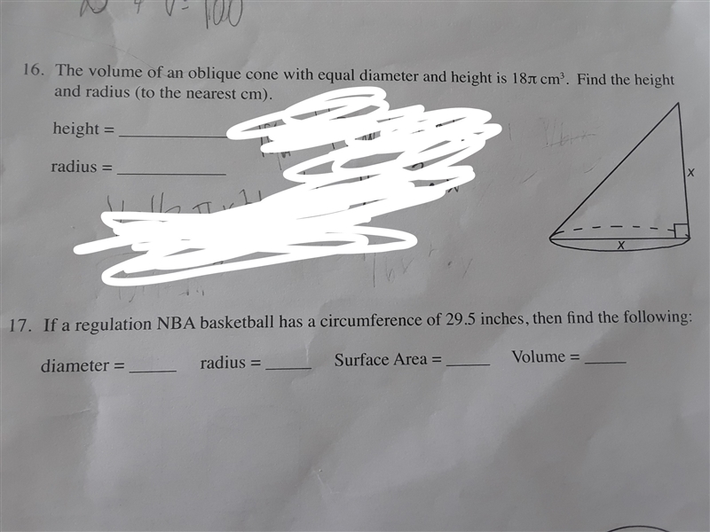 The volume of an oblique cone with equal diameter and height is 18\pi cm^3. find the-example-1