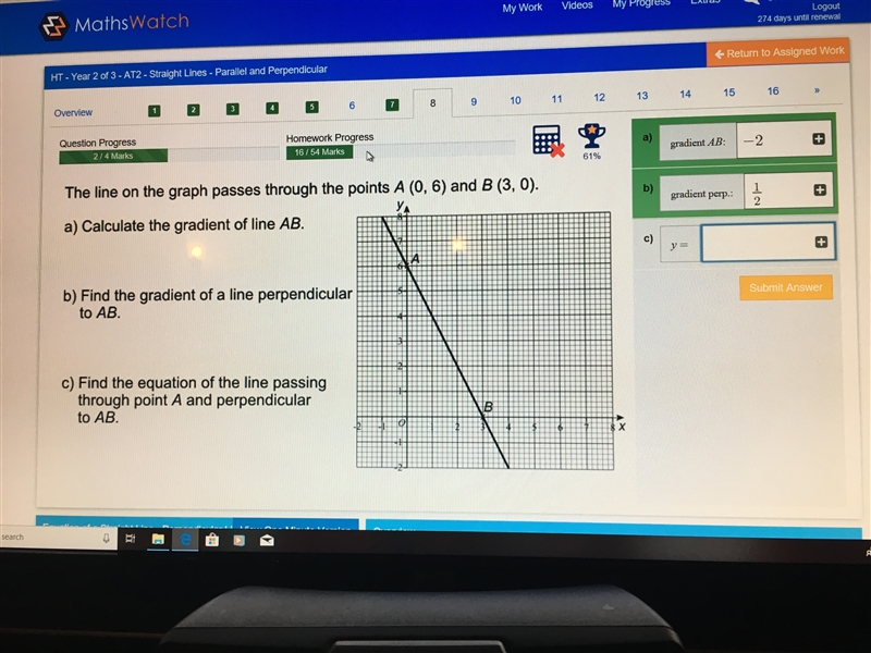 Find the equation of the line passing through point A and perpendicular to AB ?-example-1