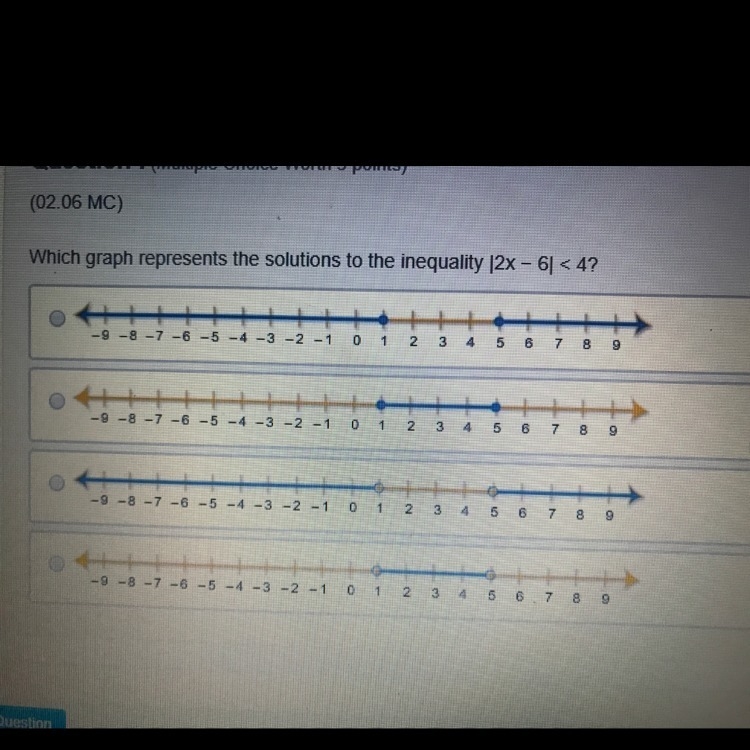 Which graph represents the solutions to the inequality 2x-6<4?-example-1