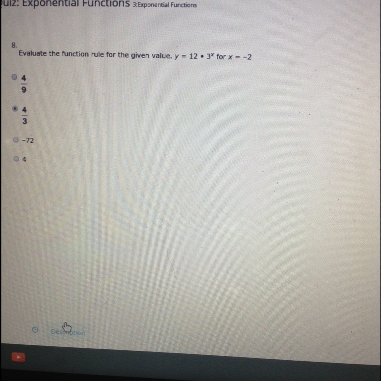 Evaluate the function rule for the given value . Y=12 times 3x for x=-2-example-1