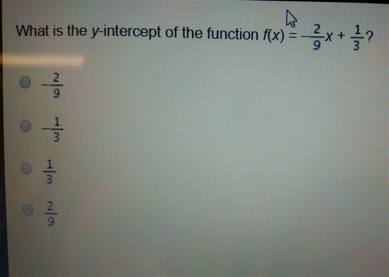 What is the y-intercept of the function f (x)=-2/9x + 1/3-example-1