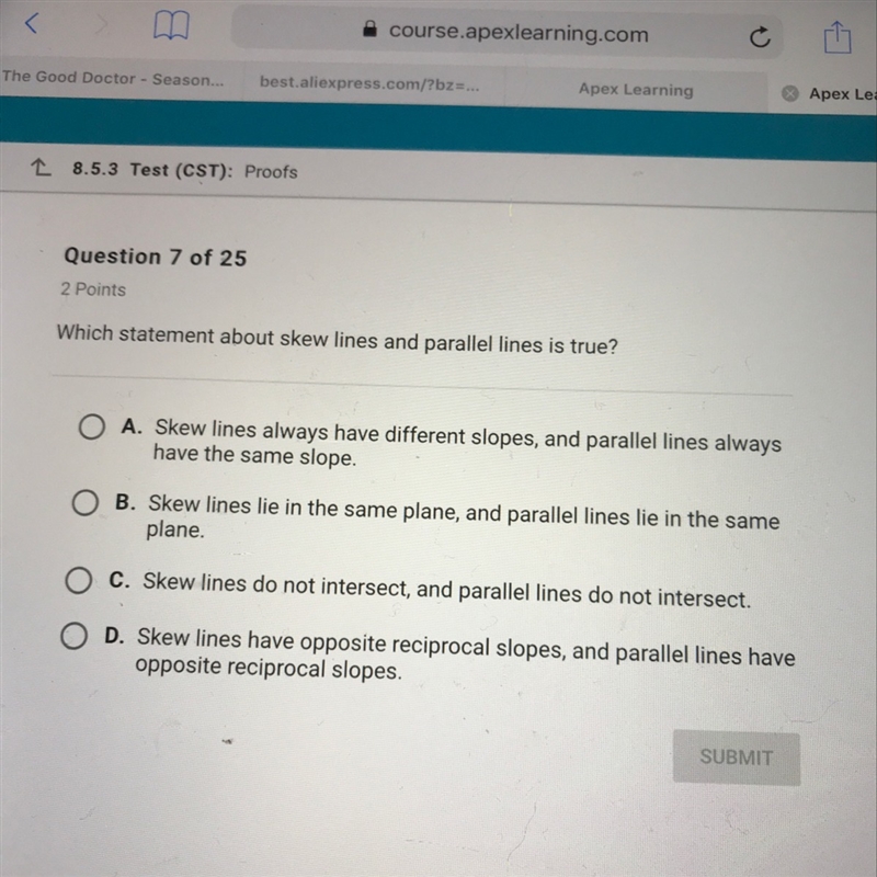 Which statement about skew Lines and parallel lines is true-example-1