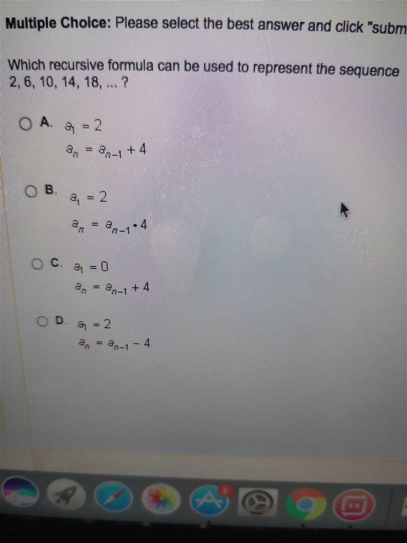 Which recursive formula can be used to represent the sequence 2,6,10,14,18,...??? Help-example-1