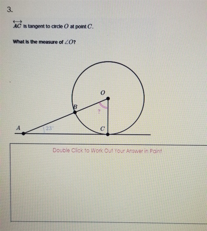 AC is tangent to circle O at point C. What is the measure of O?-example-1