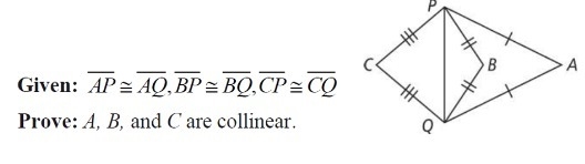 Given: AP=AQ, BP=BQ, CP=CQ Prove: A, B and C are collinear.-example-1