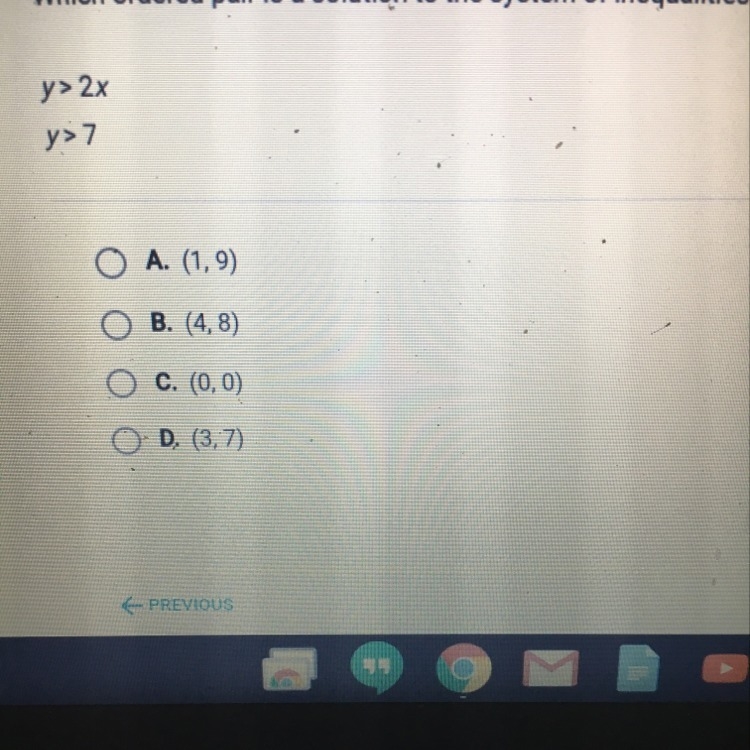 Which ordered pair is a solution to the system of inequalities?-example-1