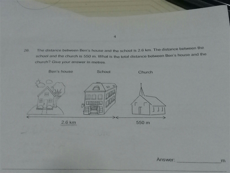 The distance between Ben's house and the school is 2.6 km. The distance between the-example-1