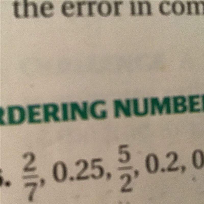 Order these numbers from least to greatest; 2/7, 0.25, 5/2, 0.2, 0.2...-example-1