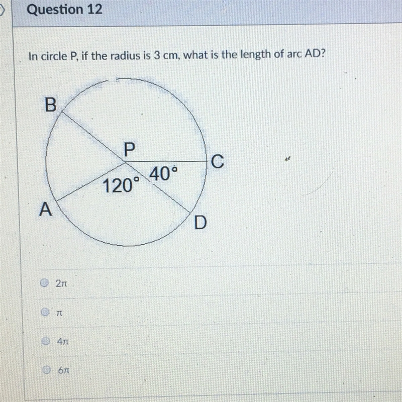 In circle P, if the radius is 3 cm, what is the length of arc AD?-example-1