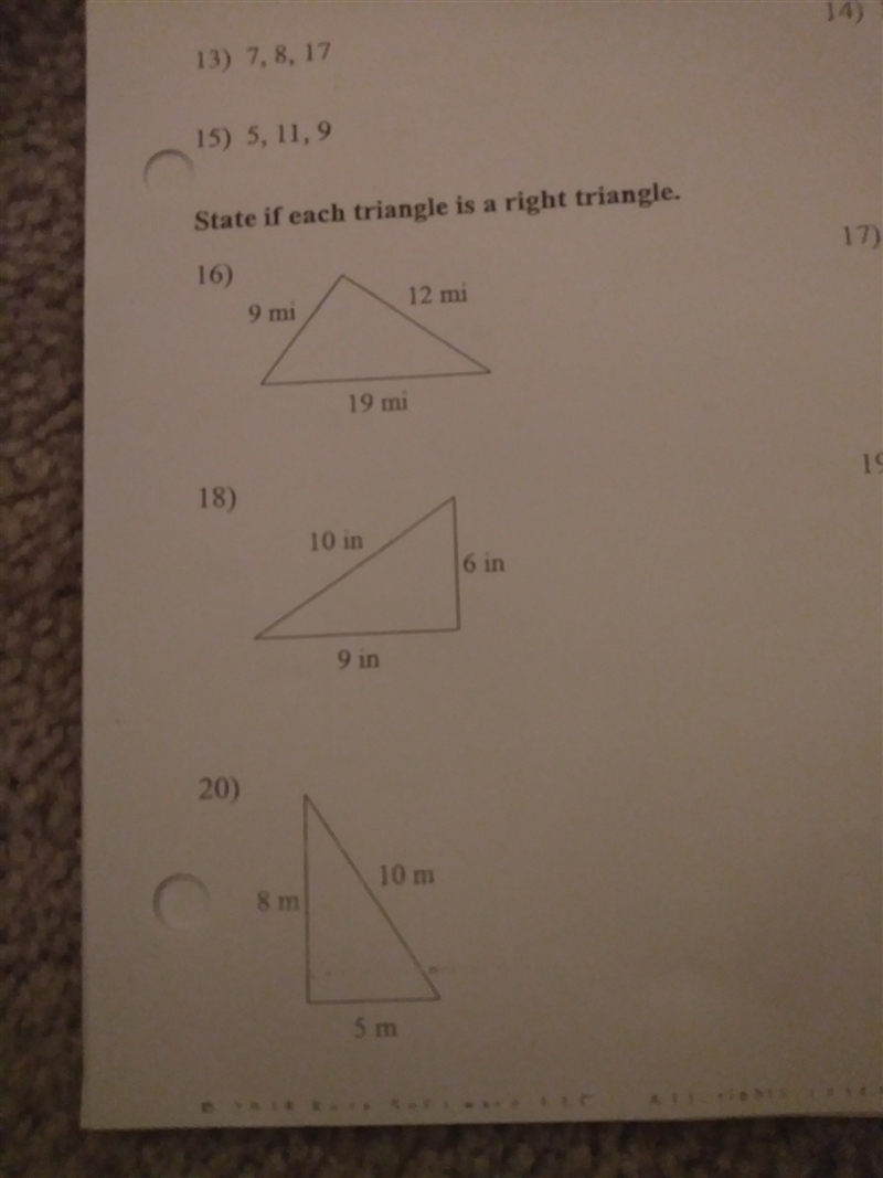 State if each triangle is a right triangle-example-1