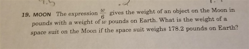 the expression w/6 gives the weightof an object on the moon in pounds with a weight-example-1