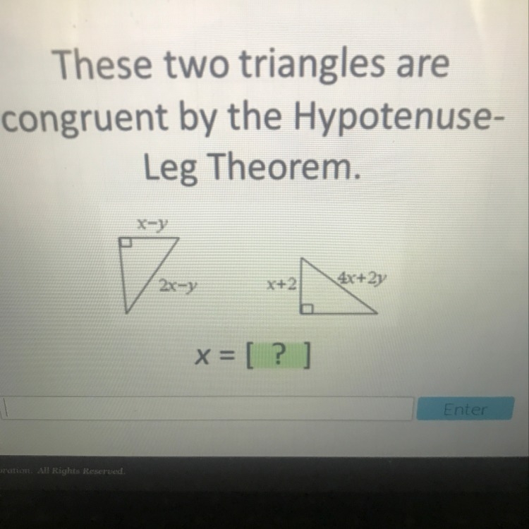 These two triangles are congruent by the hypotenuse leg theorem-example-1