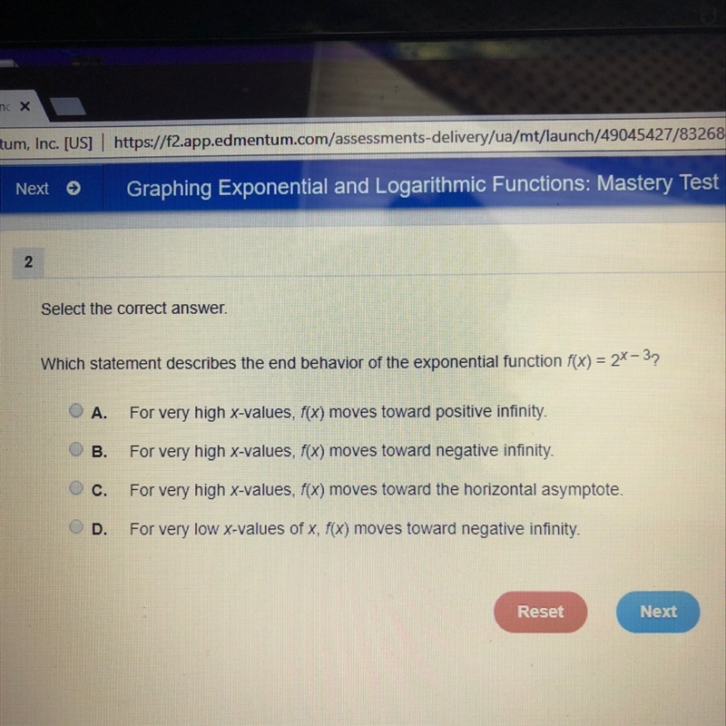 Which statement describes the end behavior of the exponential function f(x)=2^x-3-example-1