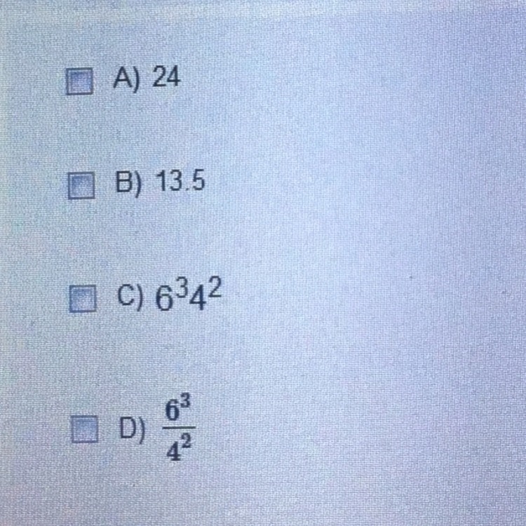 Which expressions are equal to 6^3 4^1/4^3 HELP ME ASAP PLEASE-example-1