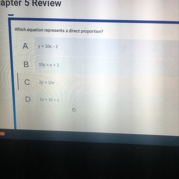 Which equation repesents a direct proportion?-example-1