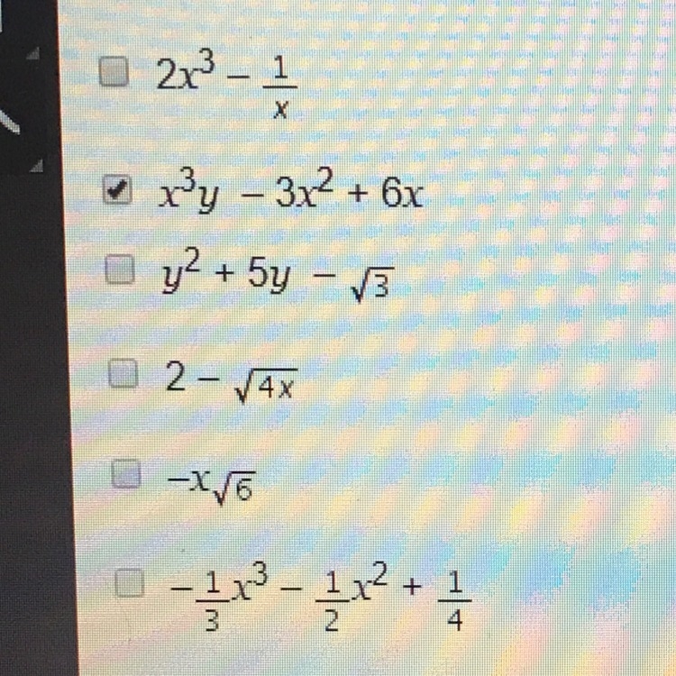 Which algebraic expressions are polynomials? Check all that apply. PLEASE HELP-example-1