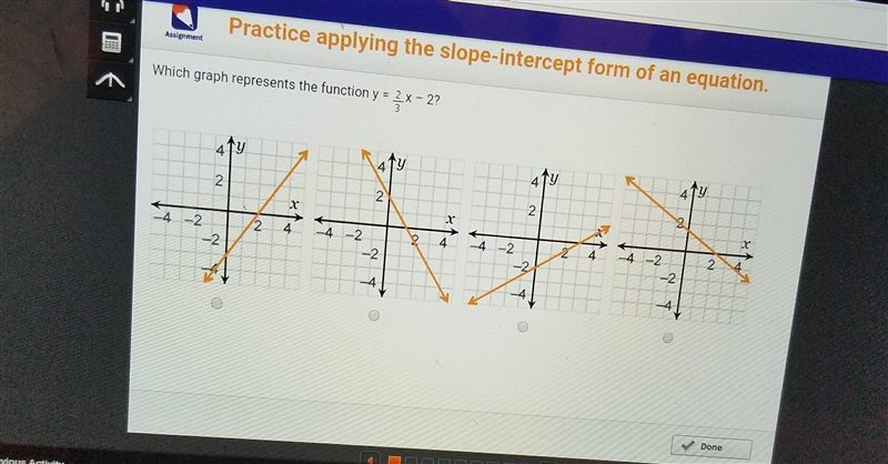 Which graph represents the function y=2/3x-2-example-1