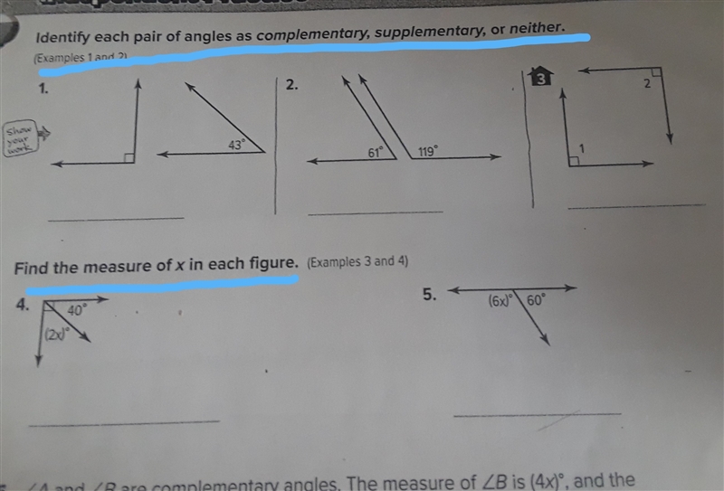 help me pls with the answers pls, identify each pair of angles as complementary,supplementary-example-1