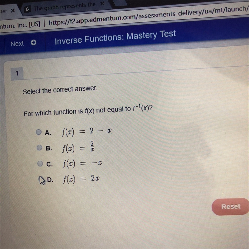 For which function is f(x) not equal to f^-1(x)-example-1