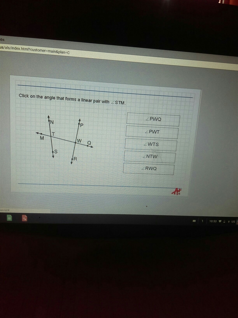 Click on the angle that forms a linear pair with angle STM.-example-1