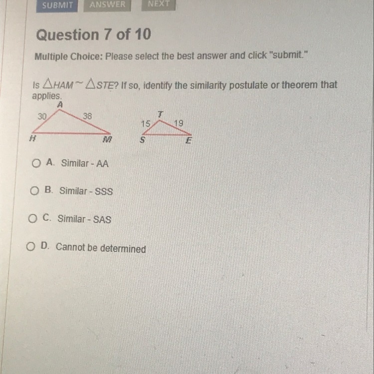 Is HAM ~ STE? If so, identify the similarity postulate or theorem that applies?-example-1