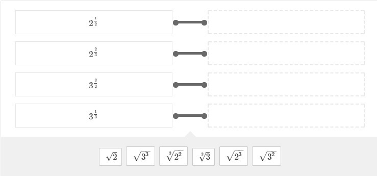 What is the radical form of each of the given expressions? Drag the answer into the-example-1