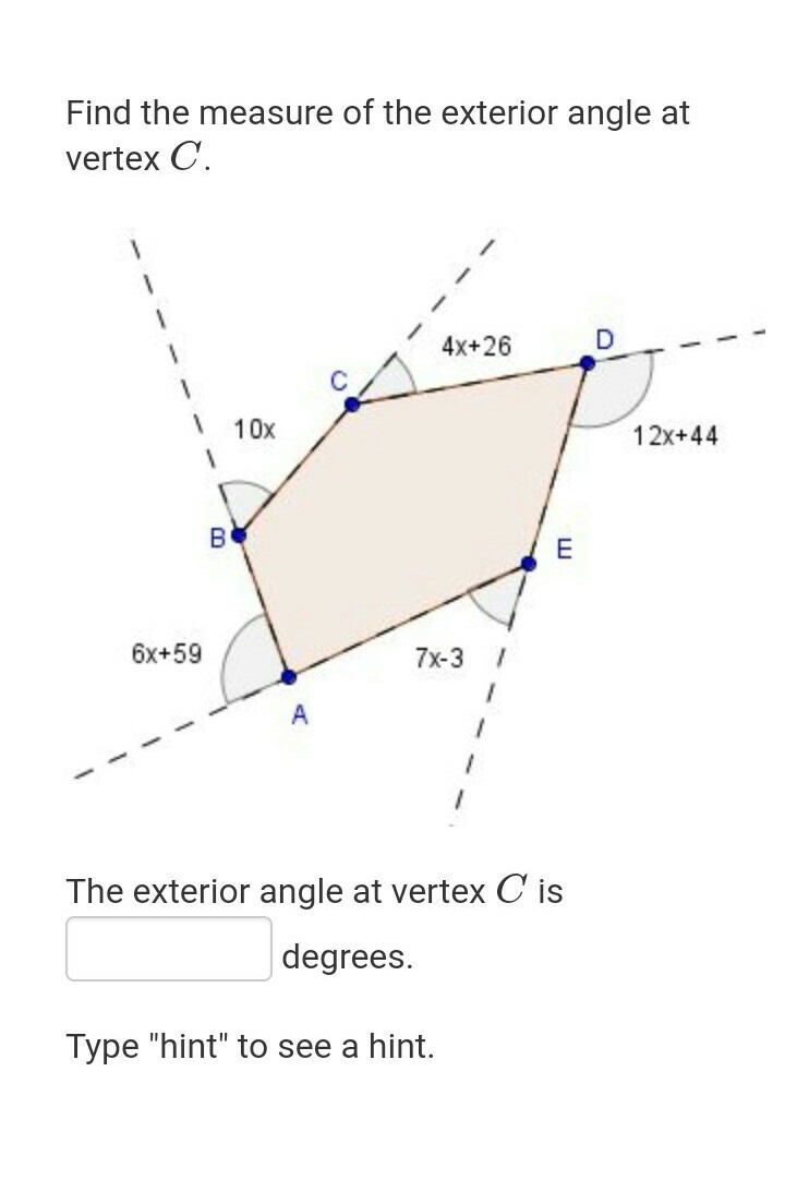 Find the measure of the exterior angle at vertex C.-example-1