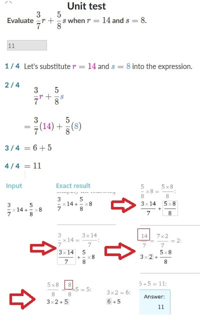 Evaluate 3/7r + 5/8s when r = 14 and s = 8 The answer is 6+5=11 I don't understand-example-1