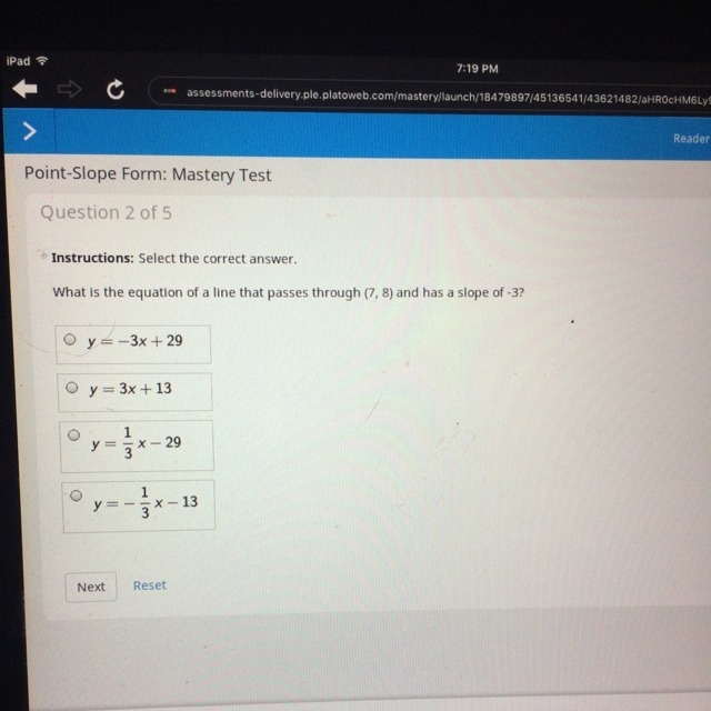 What is the equation of a line that passes through (7,8) and has a slope of -3-example-1