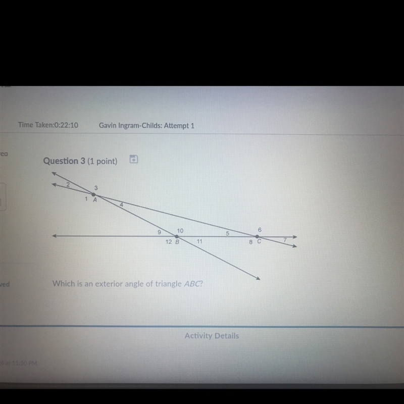 What is an exterior angle of a triangle ABC 4 7 12 1-example-1