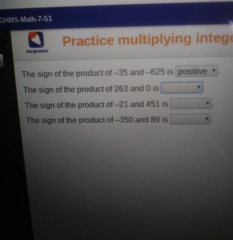 The signs of the product of 263 and 0 is-example-1