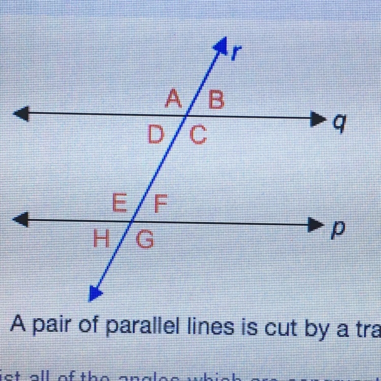 List all the angles which are congruent to angle A!! ( a pair of parallel lines is-example-1