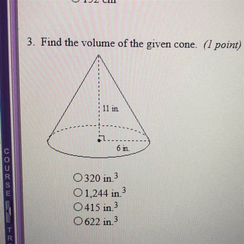 I need help finding the volume of a cone. I have trouble u understanding how to set-example-1