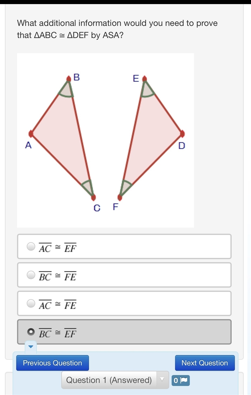 What additional information would you need to prove that ΔABC ≅ ΔDEF by ASA? is this-example-1