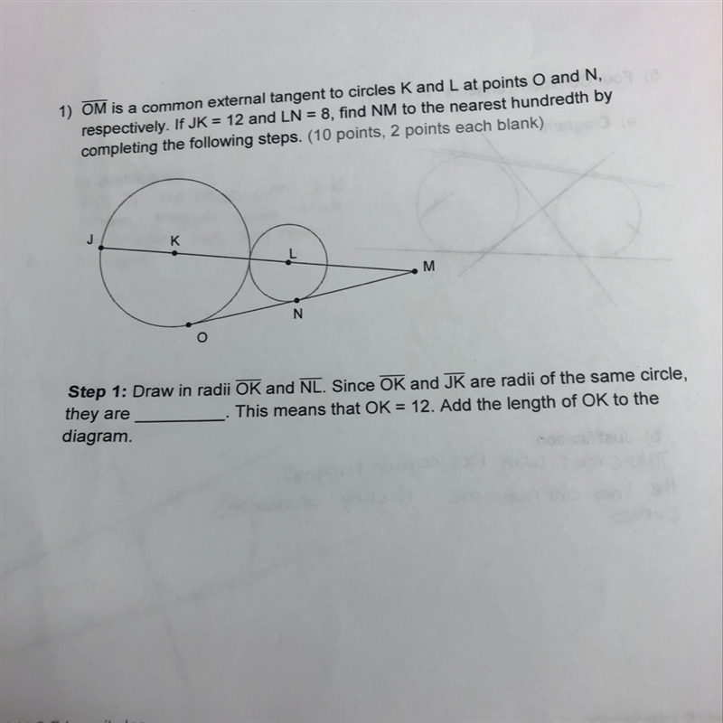 OM is a common external tangent to circles K and L at poinys O and N, respectively-example-1